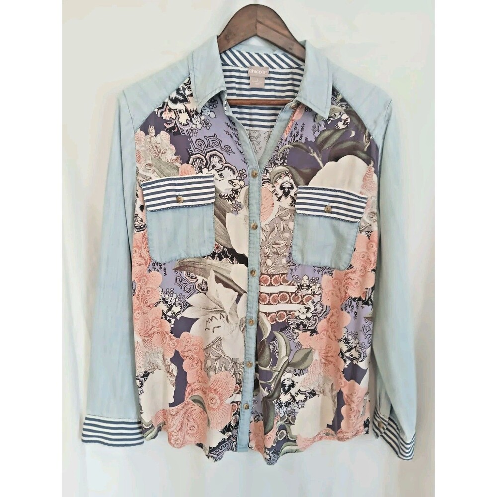 Chico's Size 2 Mixed Print Floral Striped Chambray Button Front Tunic Blouse